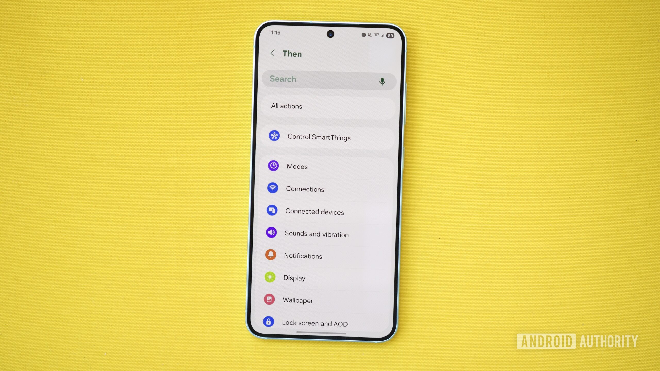 Full list of available actions in the Samsung Routines app.