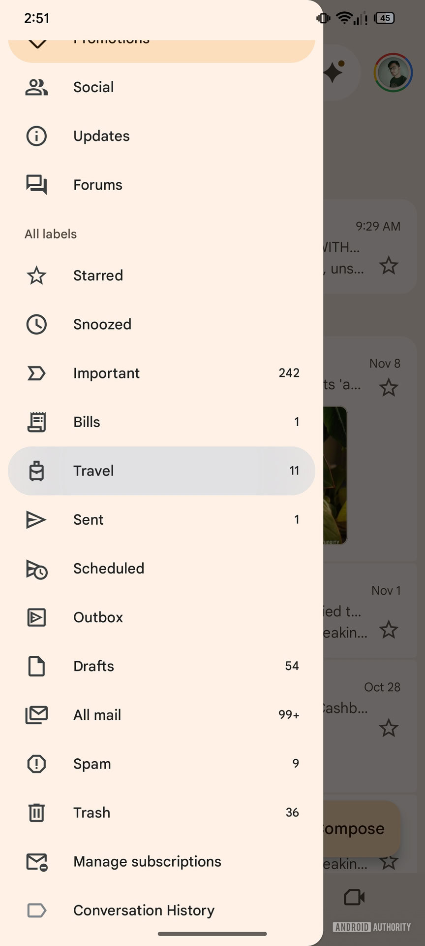 Gmail Upcoming Bills and Travel label (2)