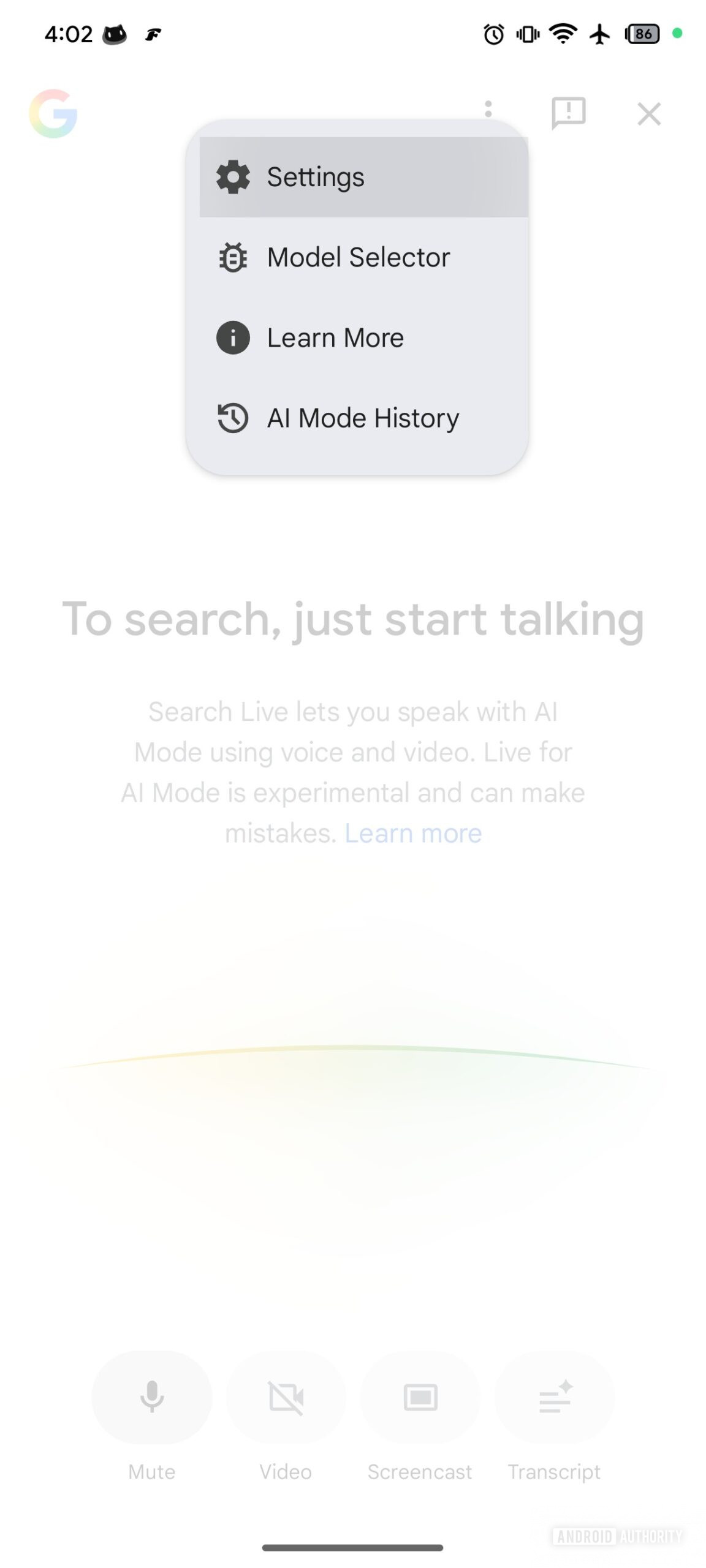 Google app Search Live Settings