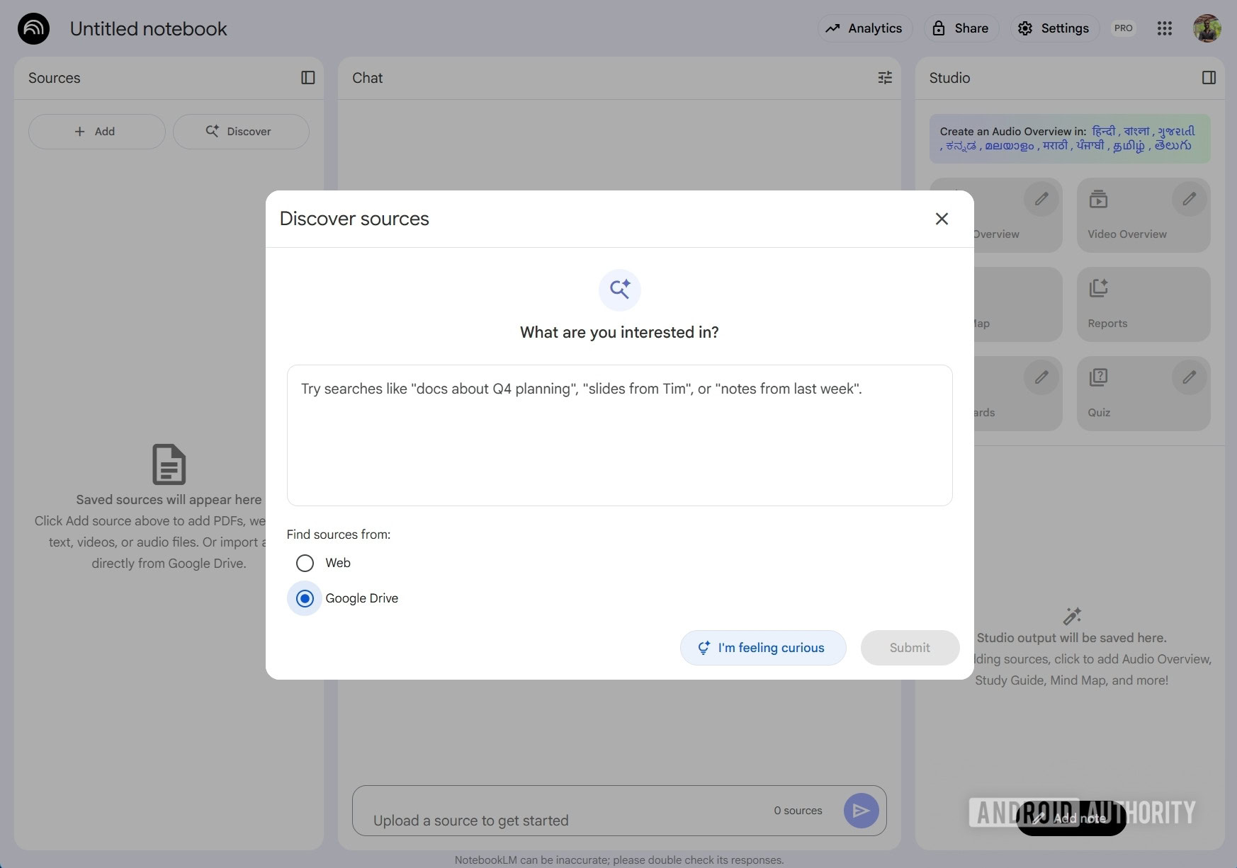 NotebookLM Discover Sources Google Drive option