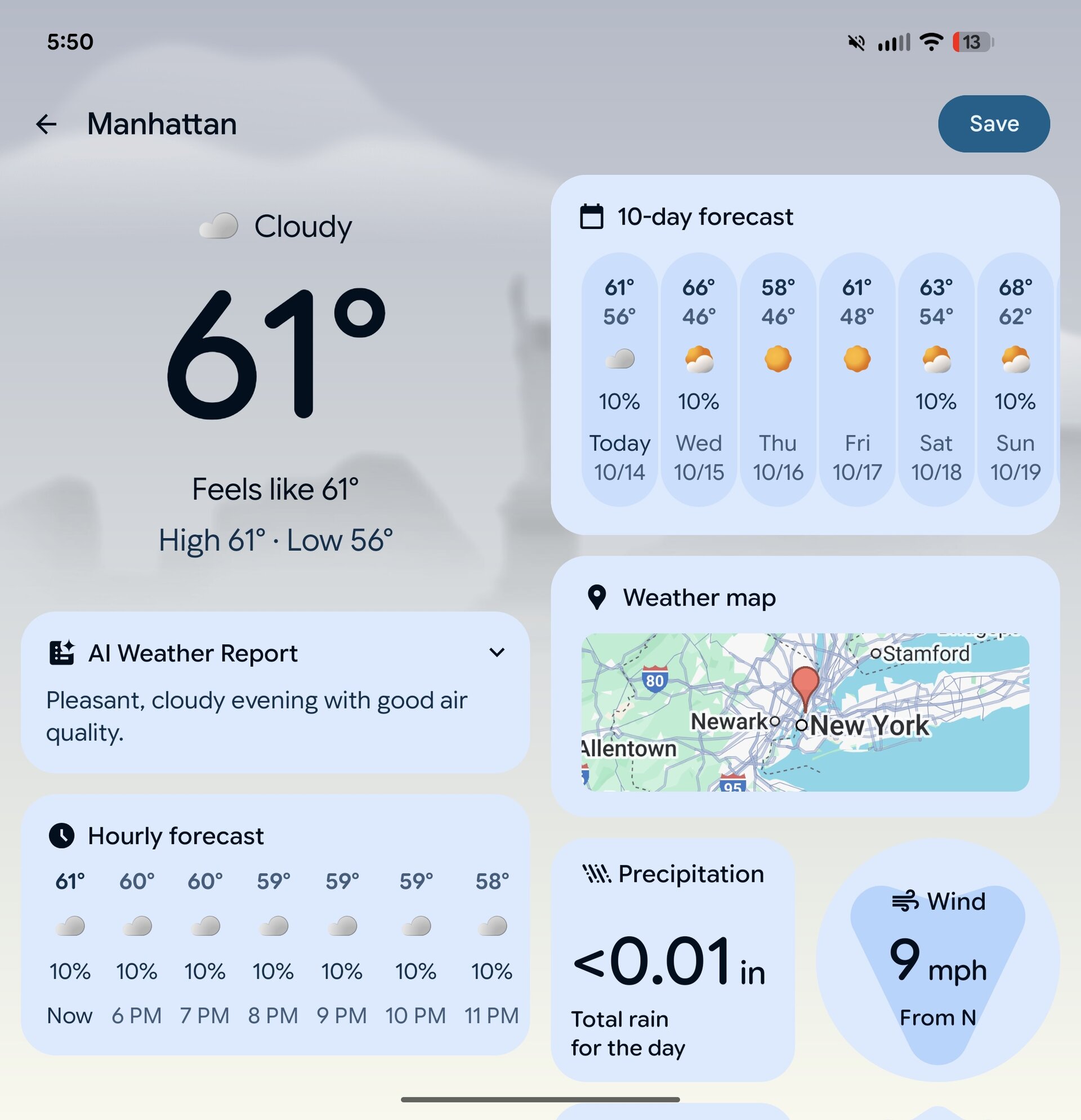 Screenshot of Pixel Weather on the Pixel 10 Pro Fold.