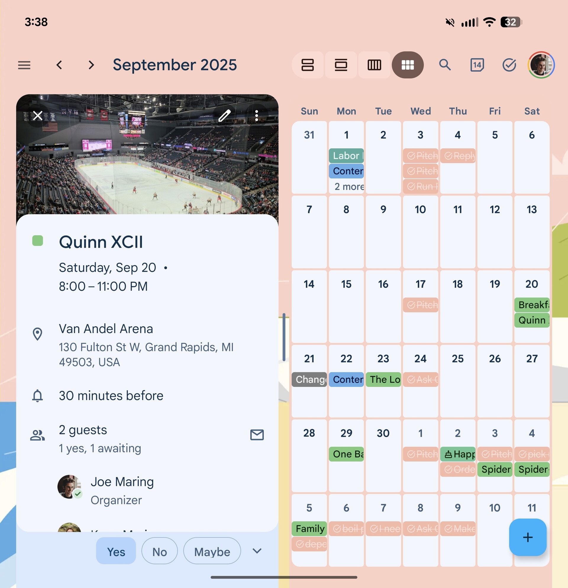 Screenshot of Google Calendar on the Pixel 10 Pro Fold.