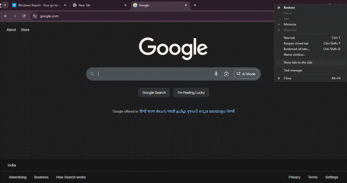Chrome vertical tabs show tabs to the side