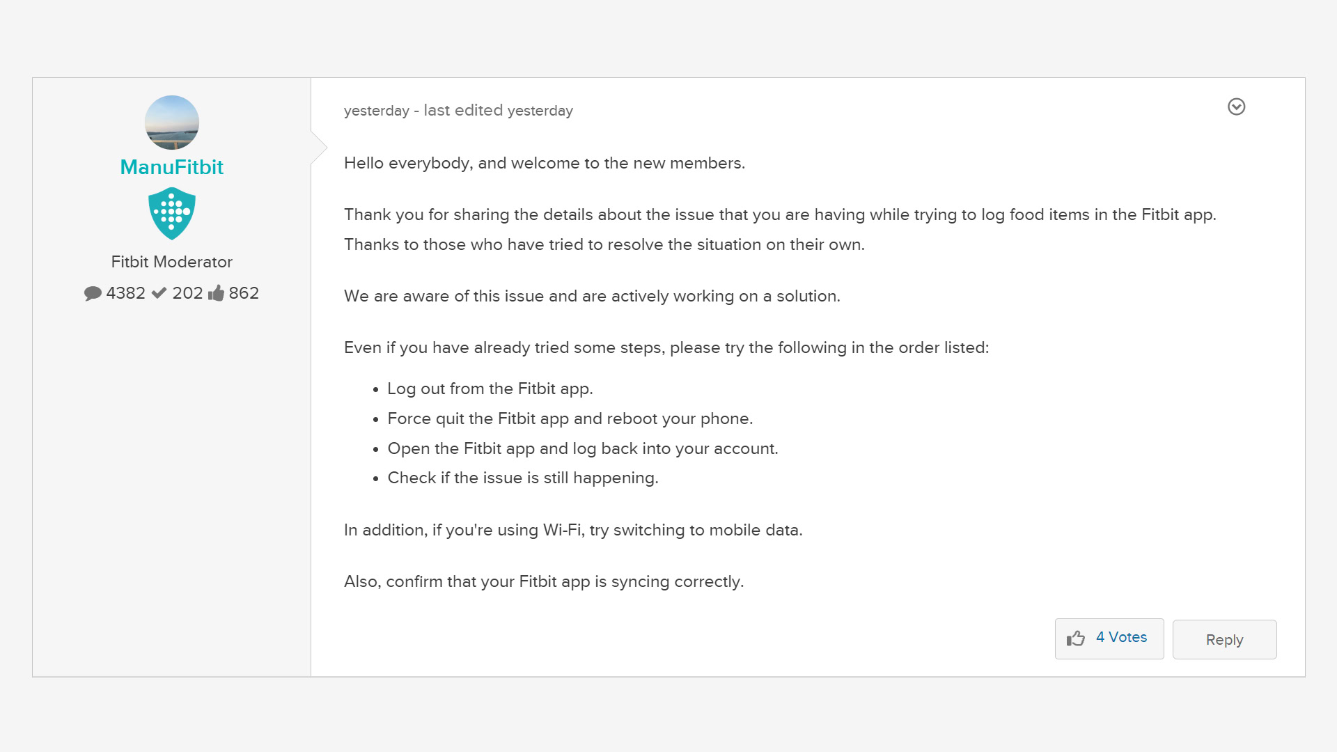 Fitbit Community Official Response regarding issues when trying to log food items in the Fitbit app Fitbit Community Official Response regarding issues when trying to log food items in the Fitbit app