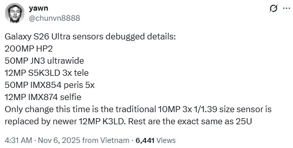 Galaxy S26 Ultra camera sensors chunvn8888 Galaxy S26 Ultra camera sensors chunvn8888