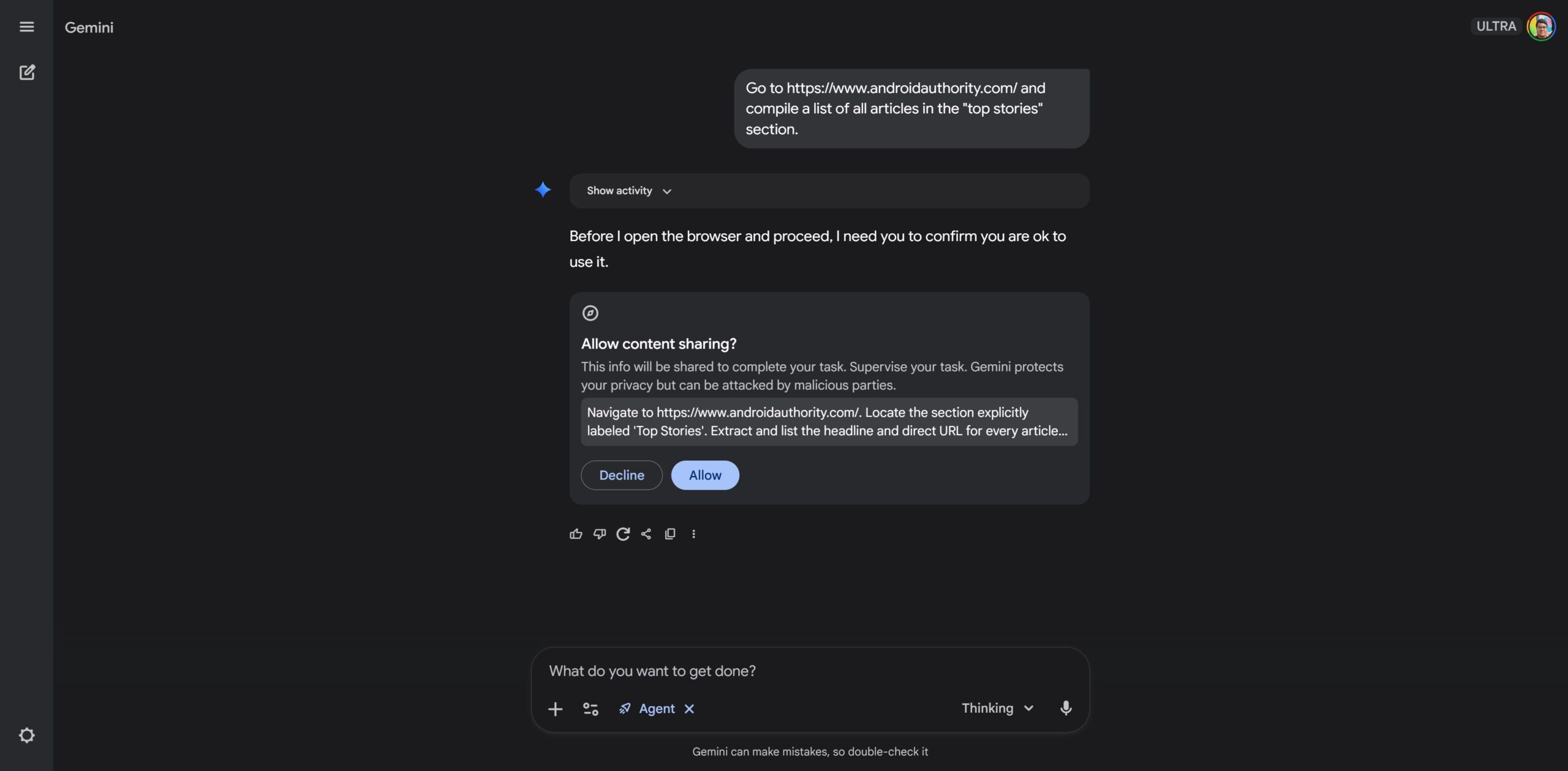 Gemini Agent allow content sharing