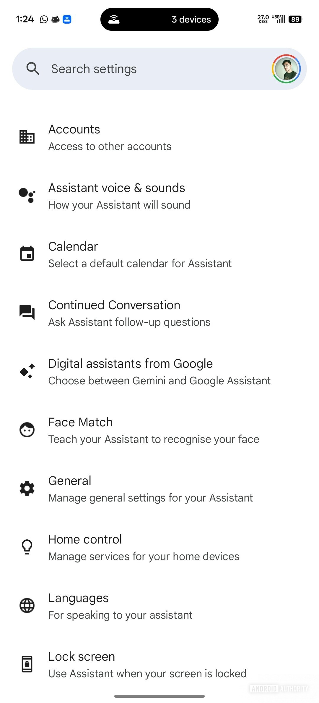 Google Assistant settings Choice screen for digital assistants