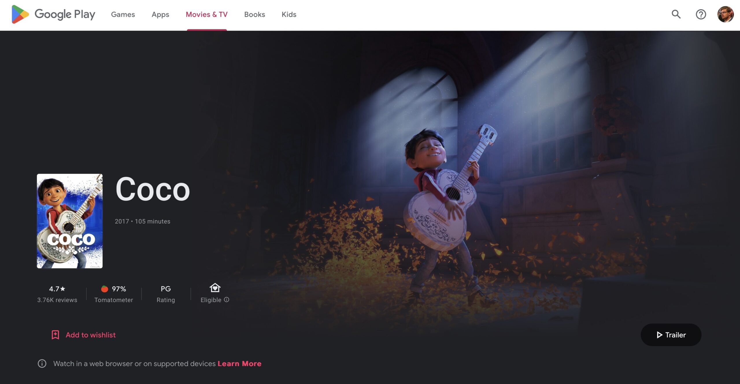 A screenshot of the Disney movie Coco on the Google Play Store.