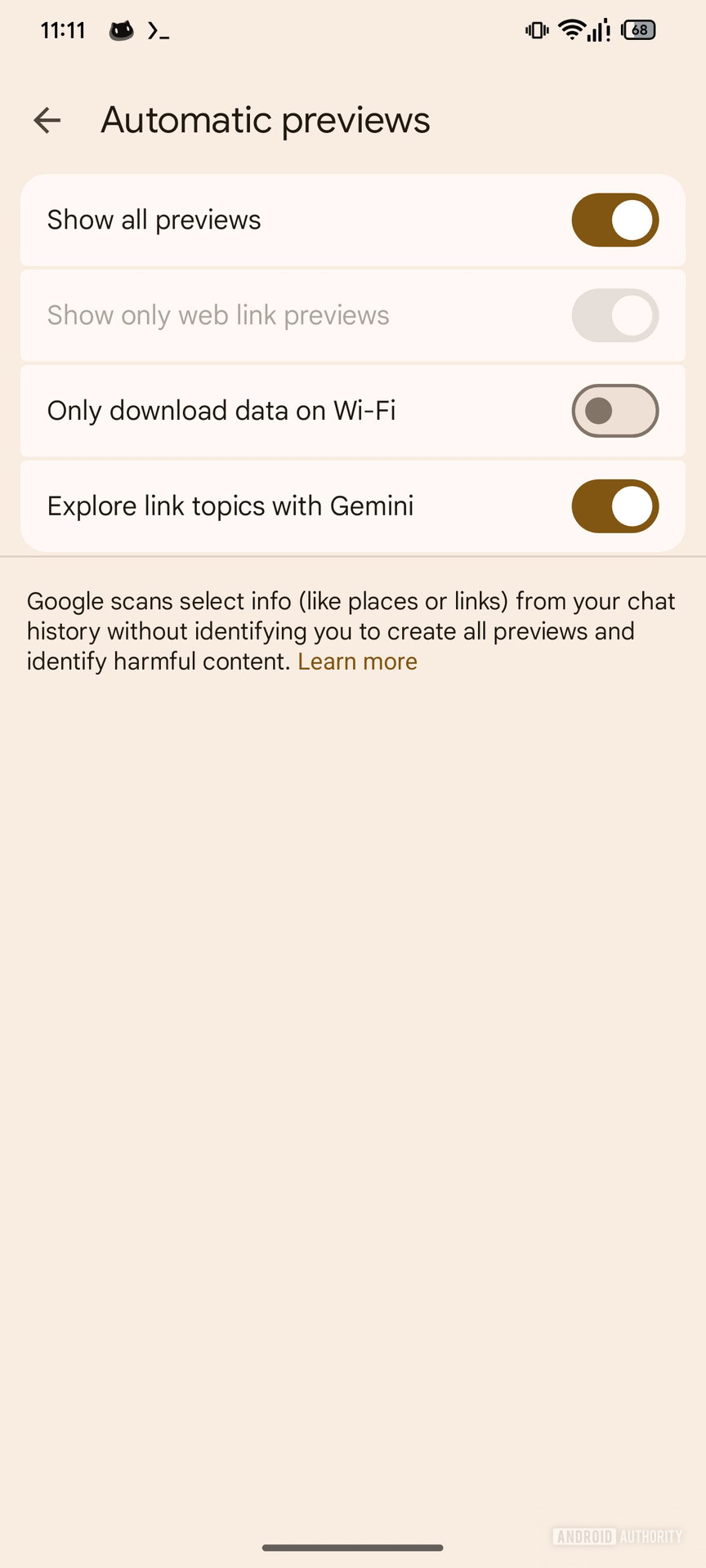 Google Messages Insights button and settings (2)