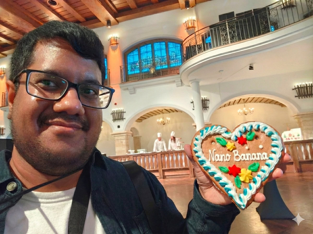 Yo sosteniendo una galleta de jengibre que dice Nano Banana.