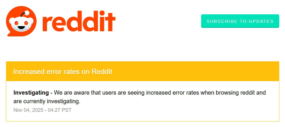 Reddit status page Investigating outage