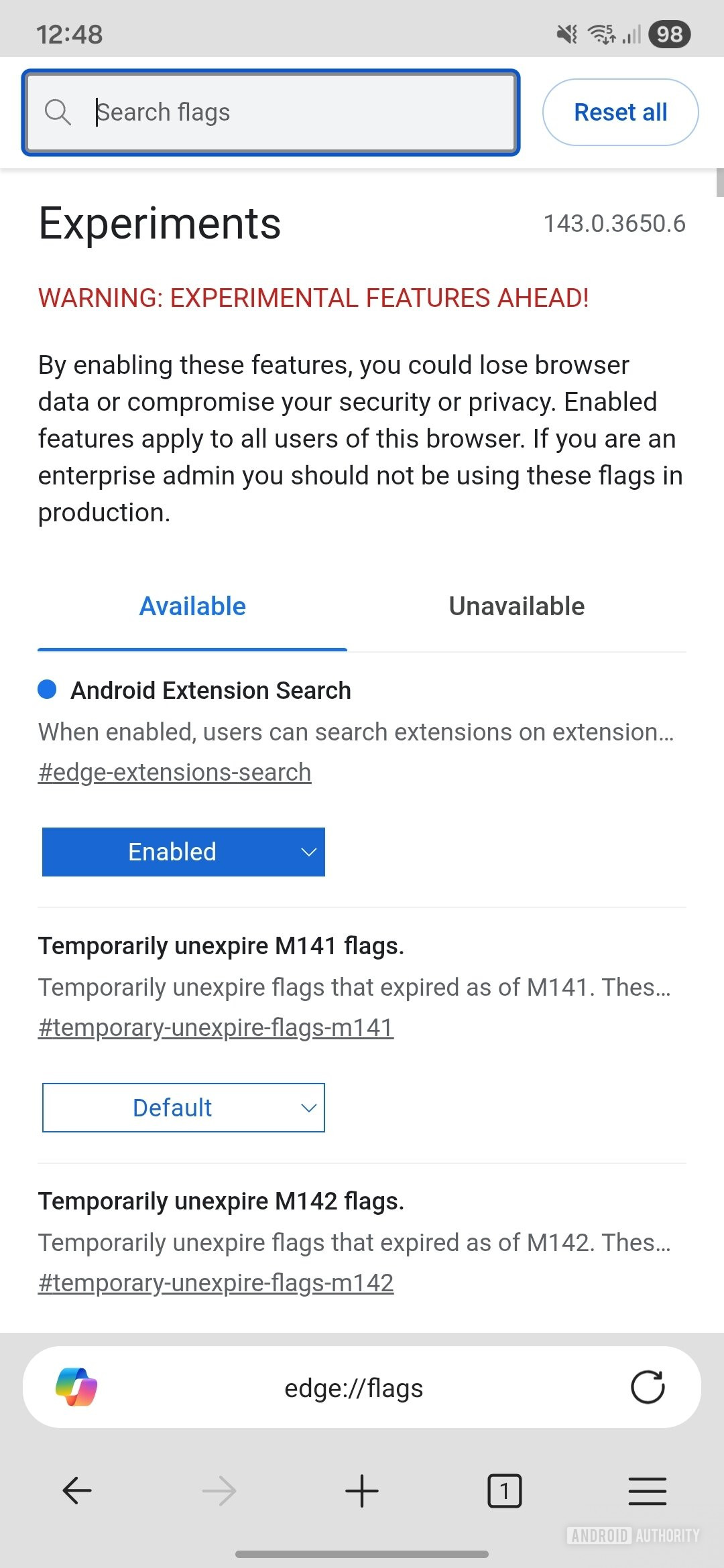Microsoft Edge extensions flag on Android