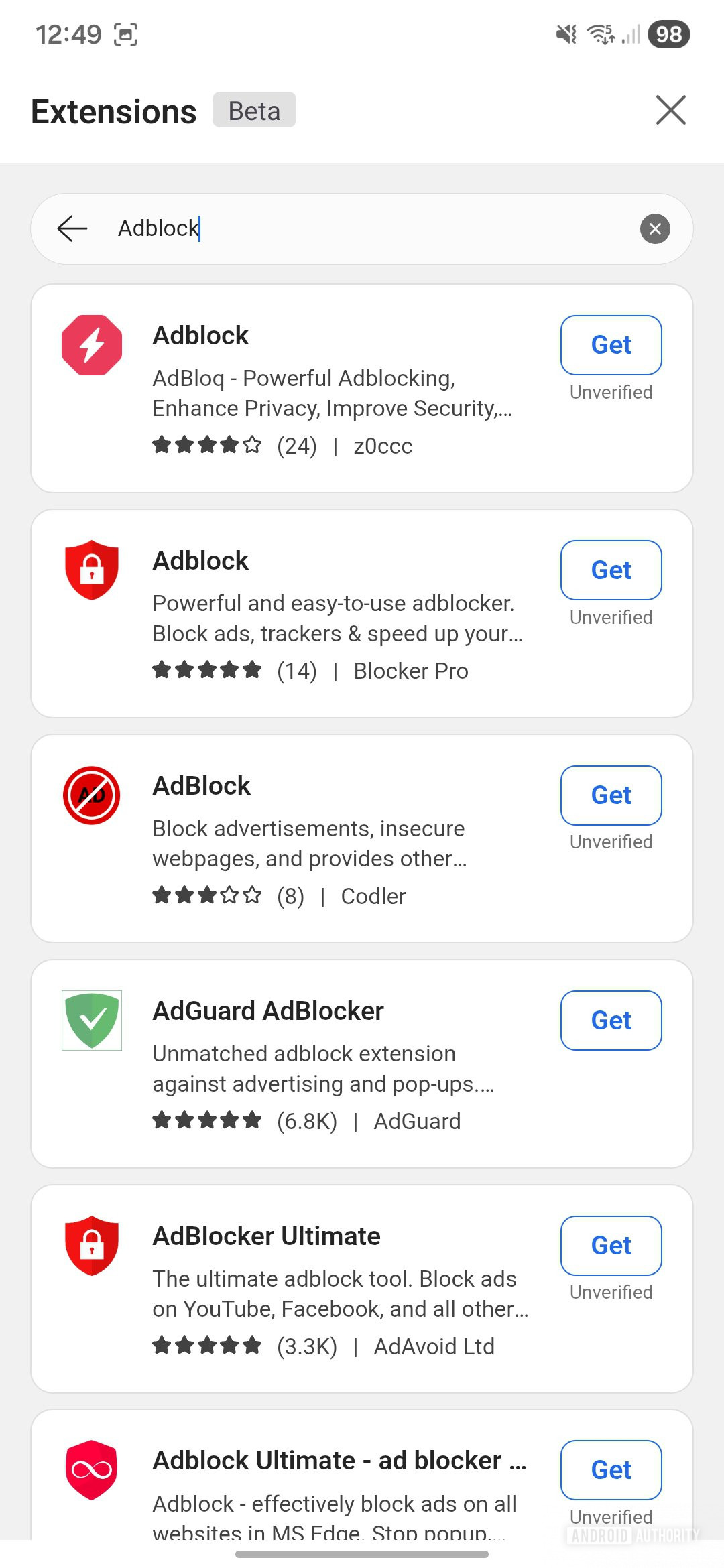 Microsoft Edge extensions on Android