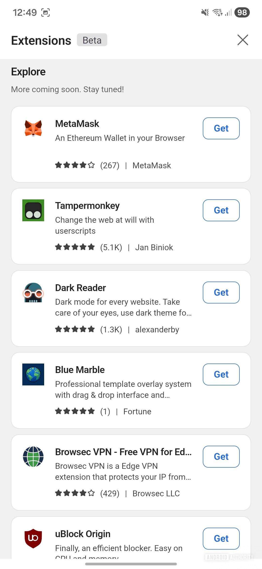 Microsoft Edge extensions on Android