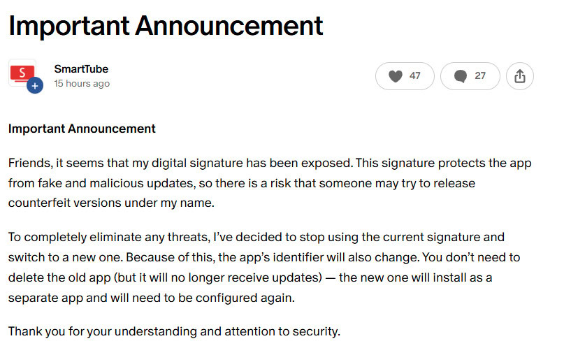 SmartTube Patreon digital signature announcement SmartTube Patreon digital signature announcement