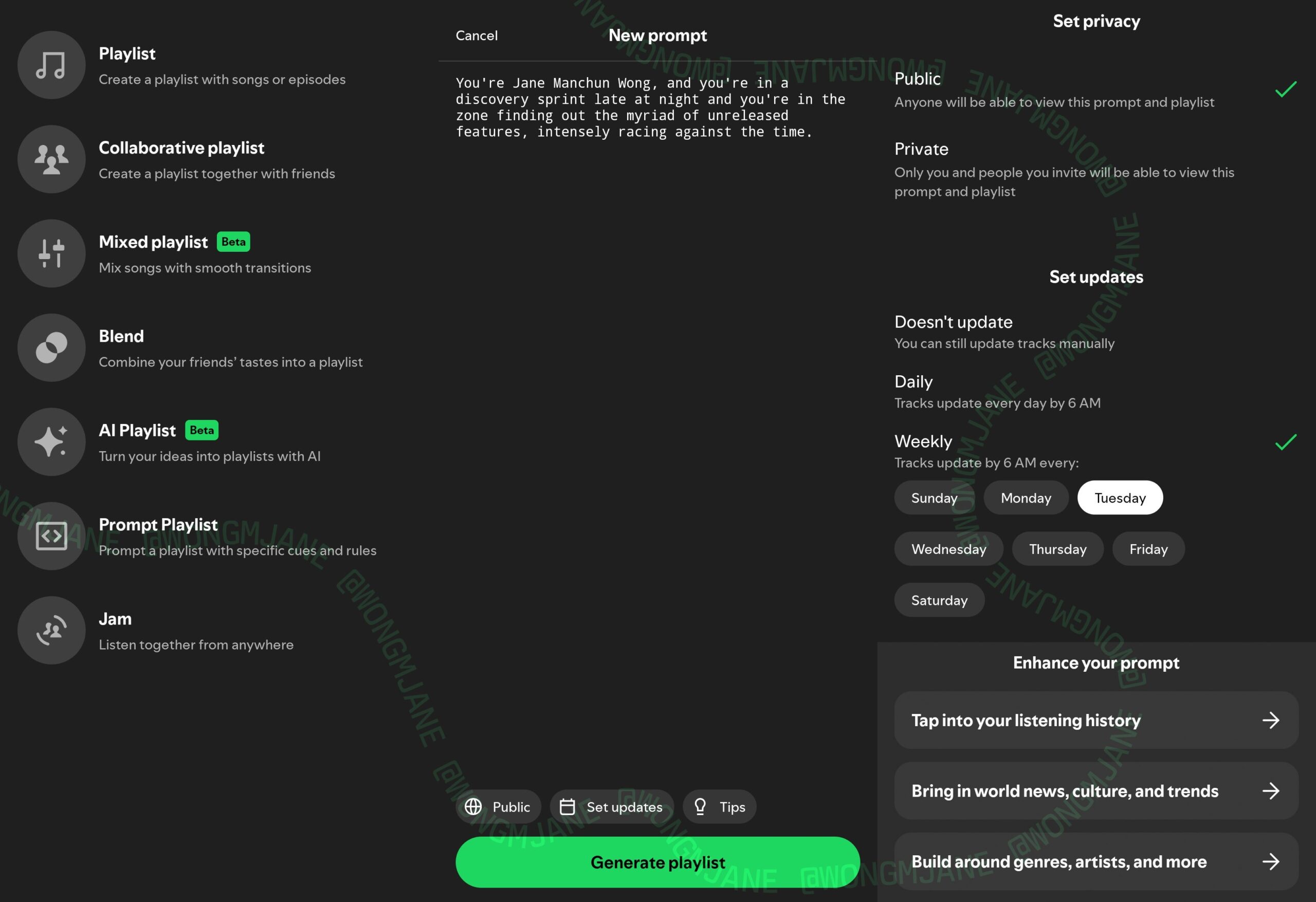 Spotify prompt playlist Spotify prompt playlist experiment showing its interface with a prompt box in the middle and management tools for privacy settings and automatic updates on the right