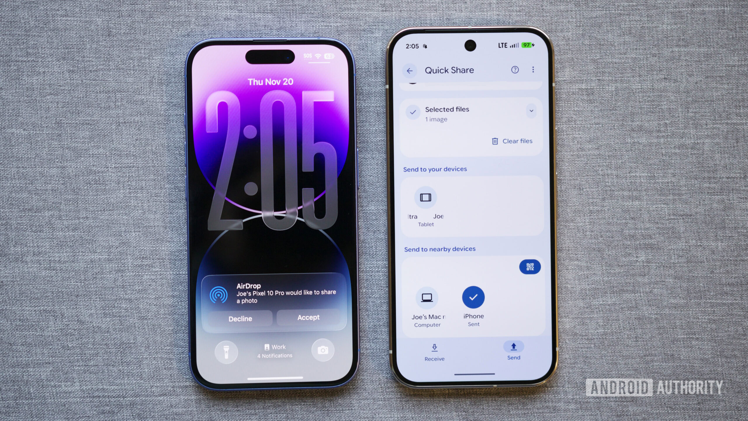 airdrop quick share hero 2 A Pixel 10 Pro sending a file to an iPhone over Quick Share.