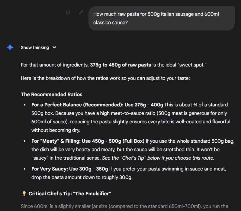 gemini 3 pro pasta answer