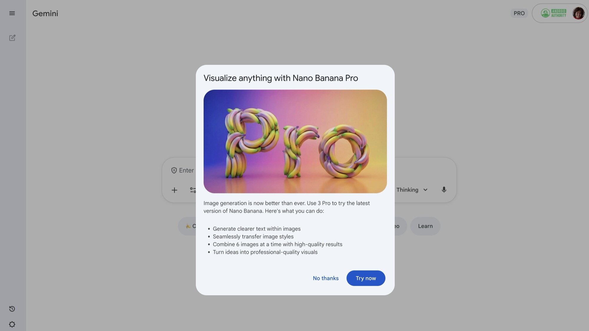 Gemini Nano Banana Pro pop-up Screenshot