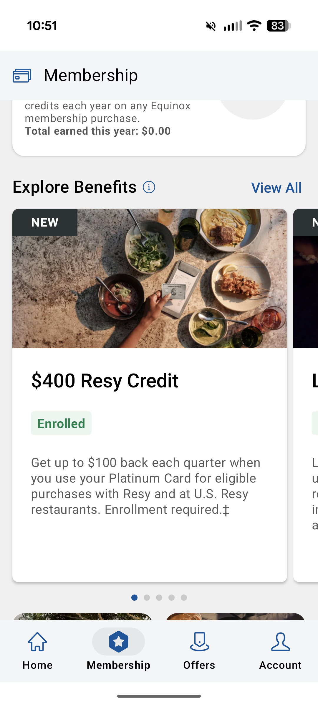 Screenshot of the Amex app, showing how to enroll in an Oura Ring credit.