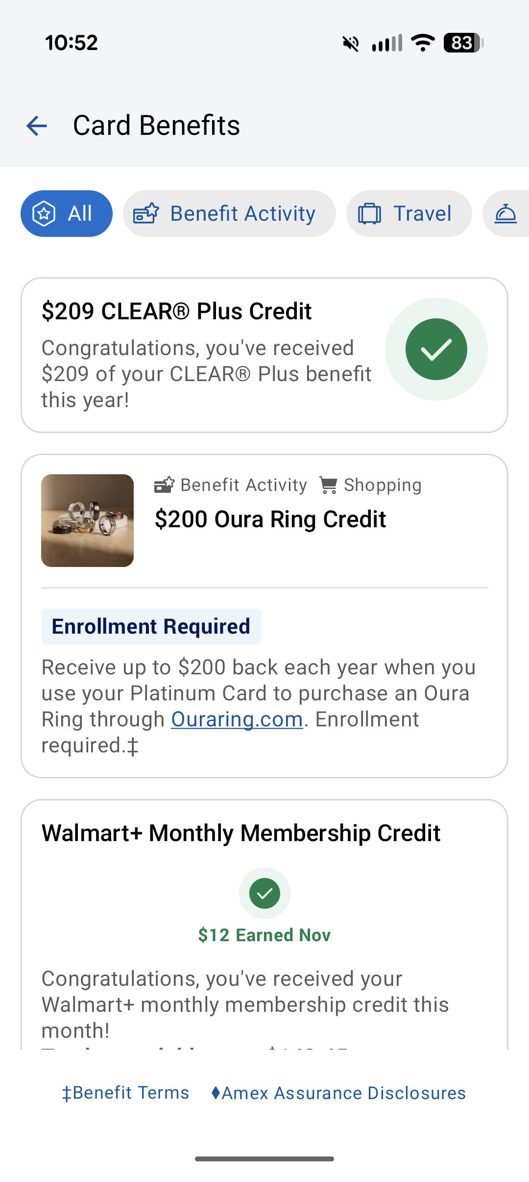Screenshot of the Amex app, showing how to enroll in an Oura Ring credit.