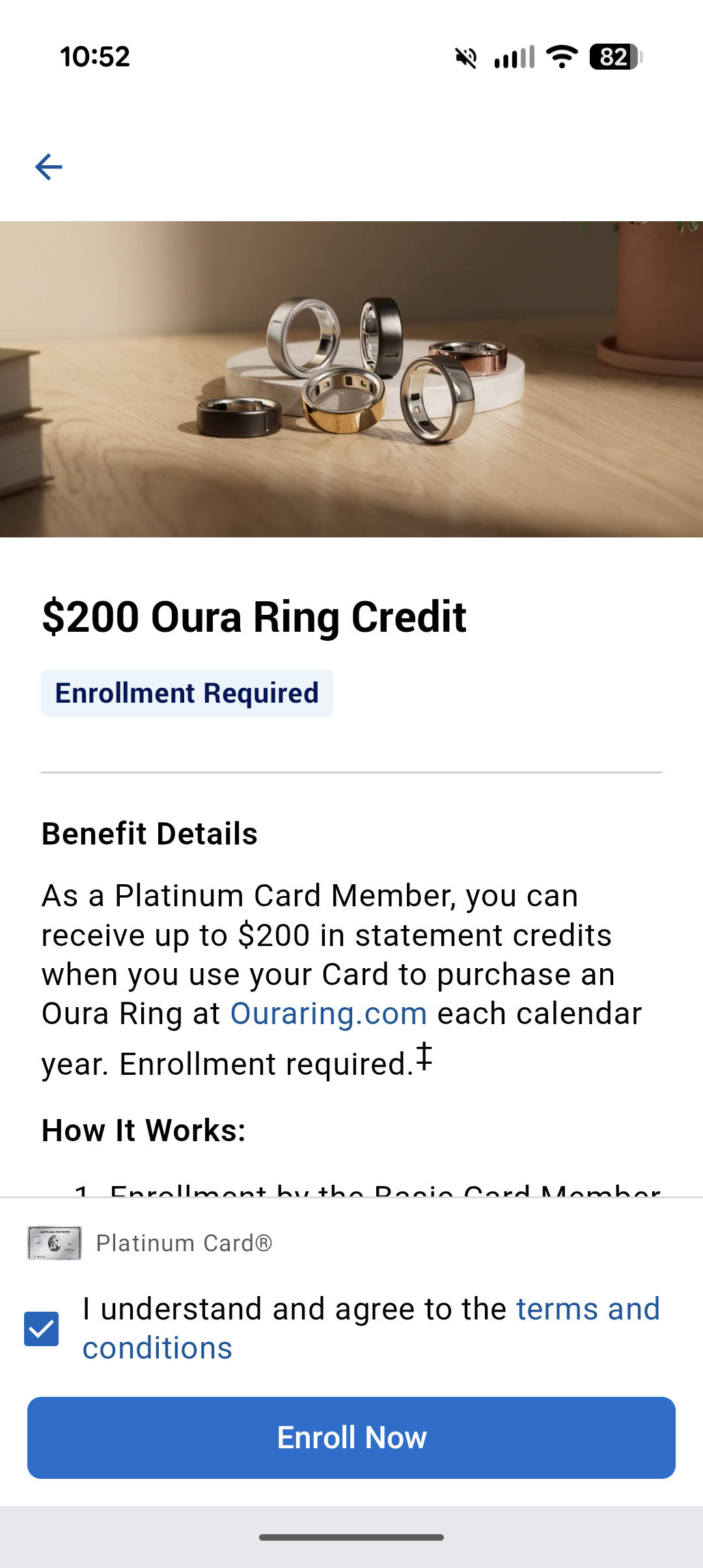 Screenshot of the Amex app, showing how to enroll in an Oura Ring credit.