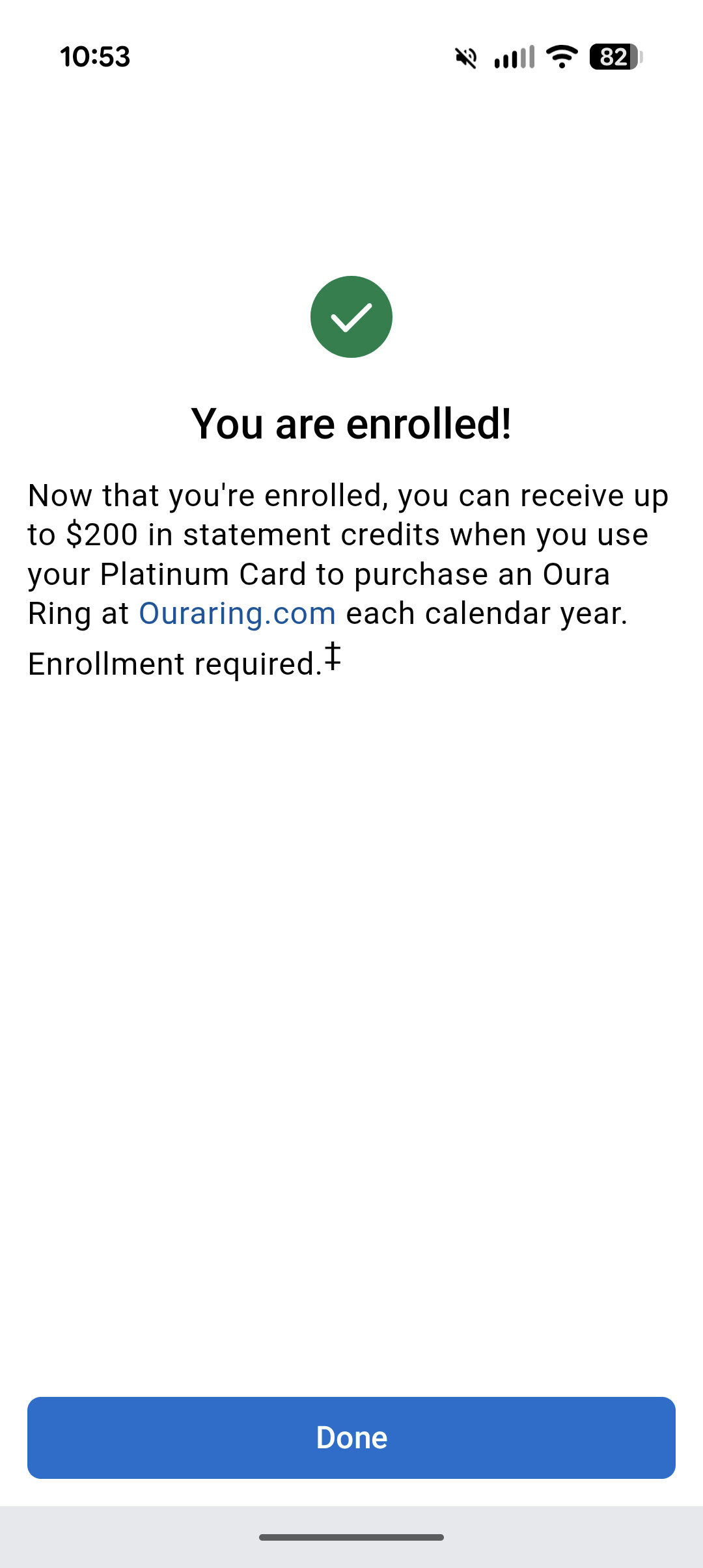 Screenshot of the Amex app, showing how to enroll in an Oura Ring credit.
