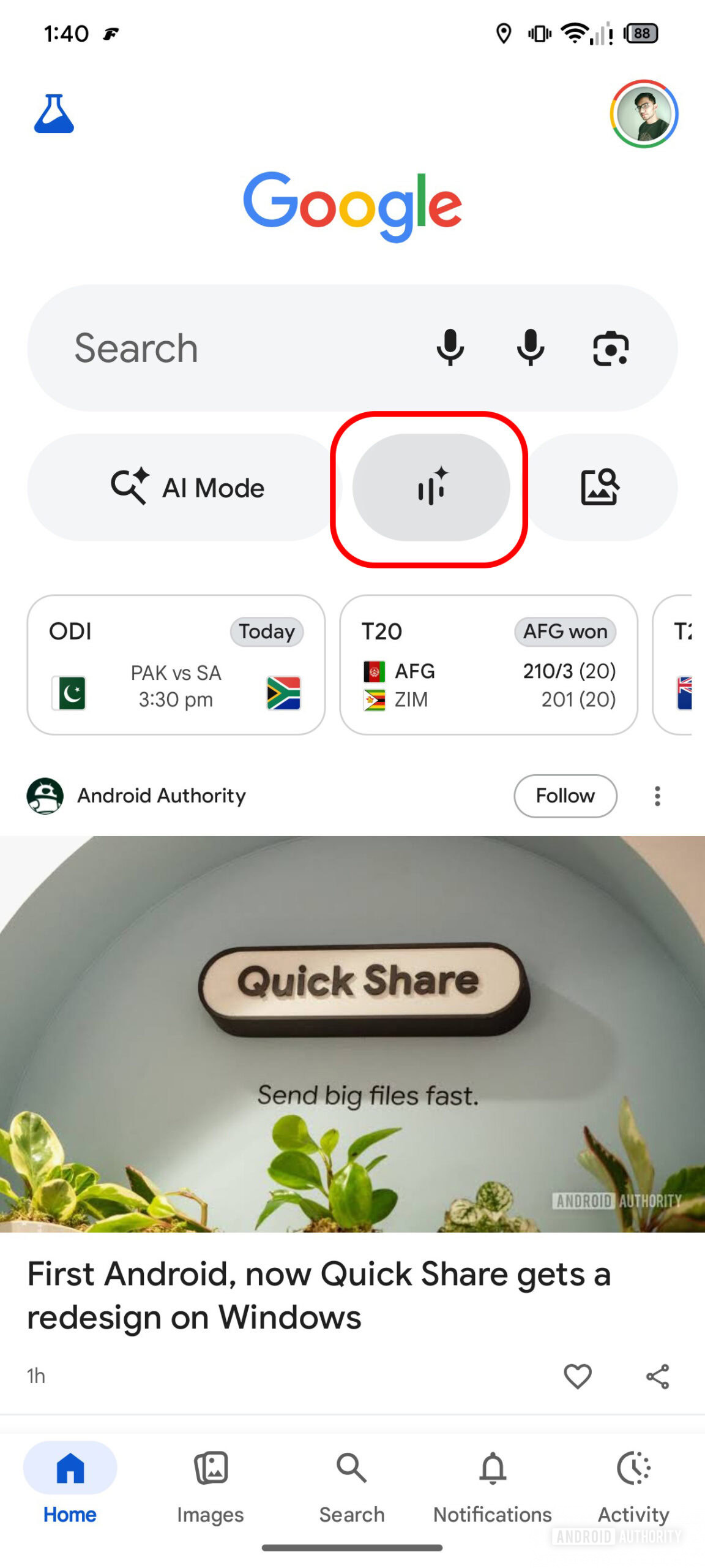 search live current shortcut