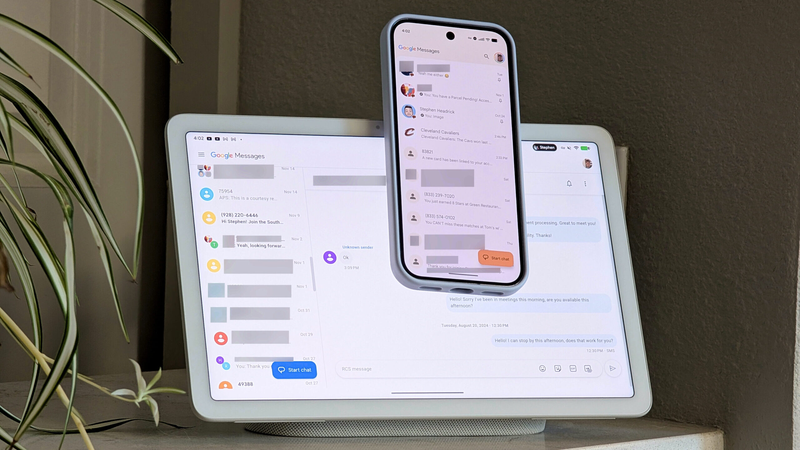 Pixel 10 Pro on Pixel Tablet, with both devices showing Google Messages on screen Pixel 10 Pro on Pixel Tablet, with both devices showing Google Messages on screen
