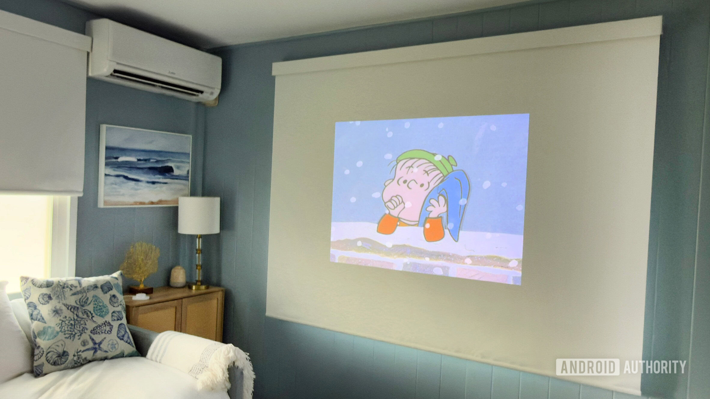 Dangbei DBOX02 Pro daytime A Dangbei DBOX02 Pro projects a Christmas movie.