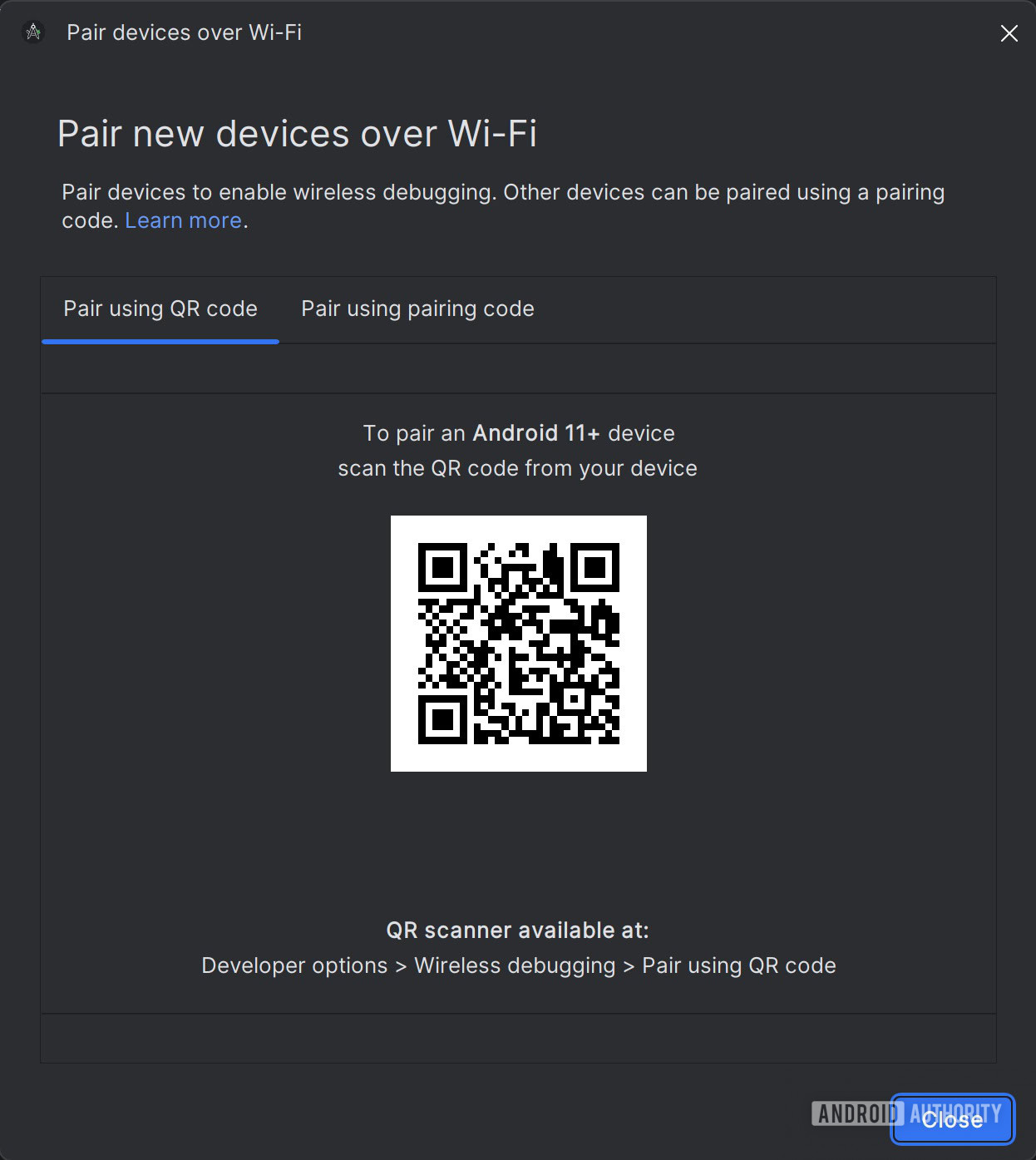 Enabling wireless debugging on an Android phone via QR code in Android Studio