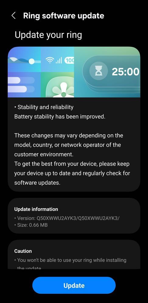 Galaxy Ring update changelog mentioning battery stability improvements