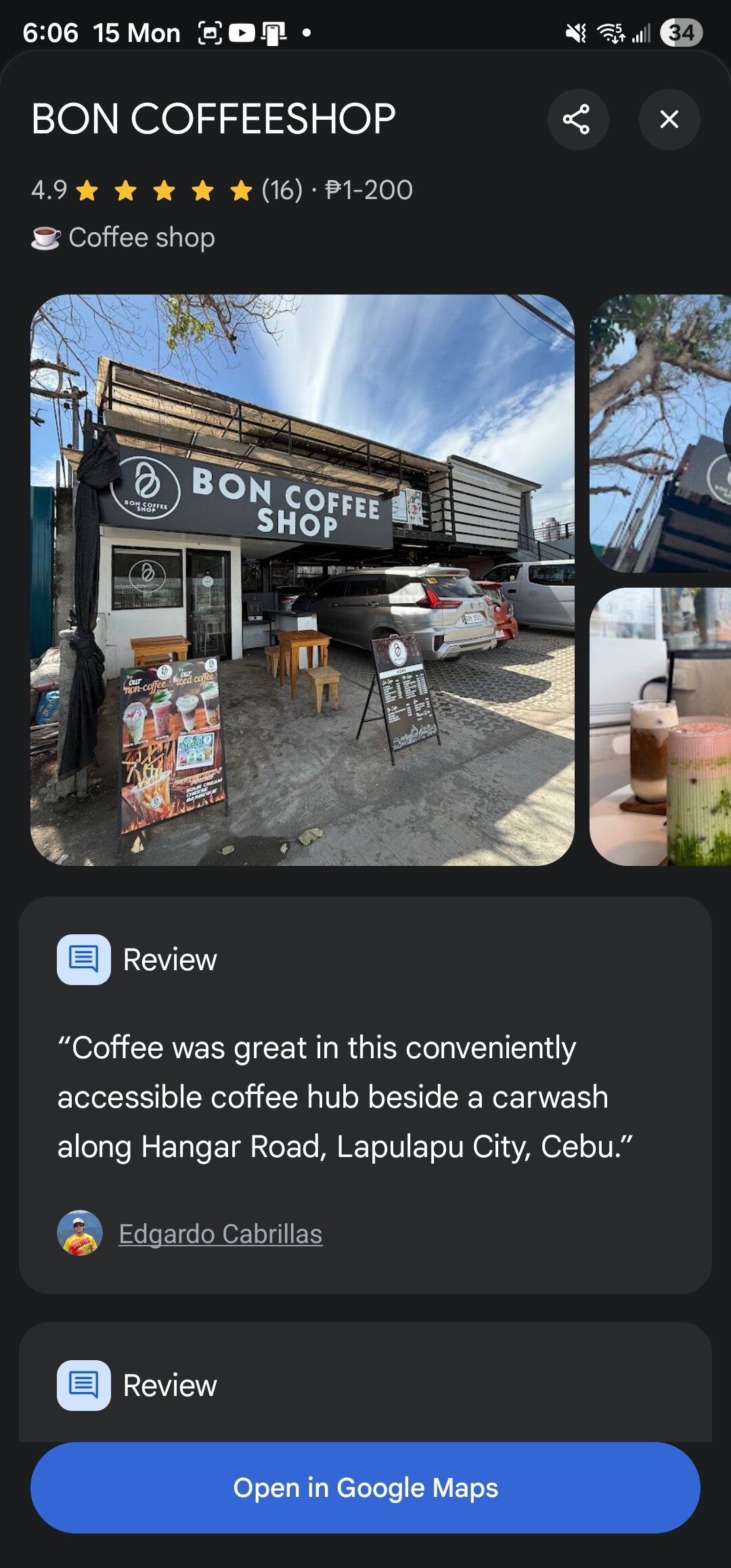 Google Maps inside Gemini showing a card for a coffee shop