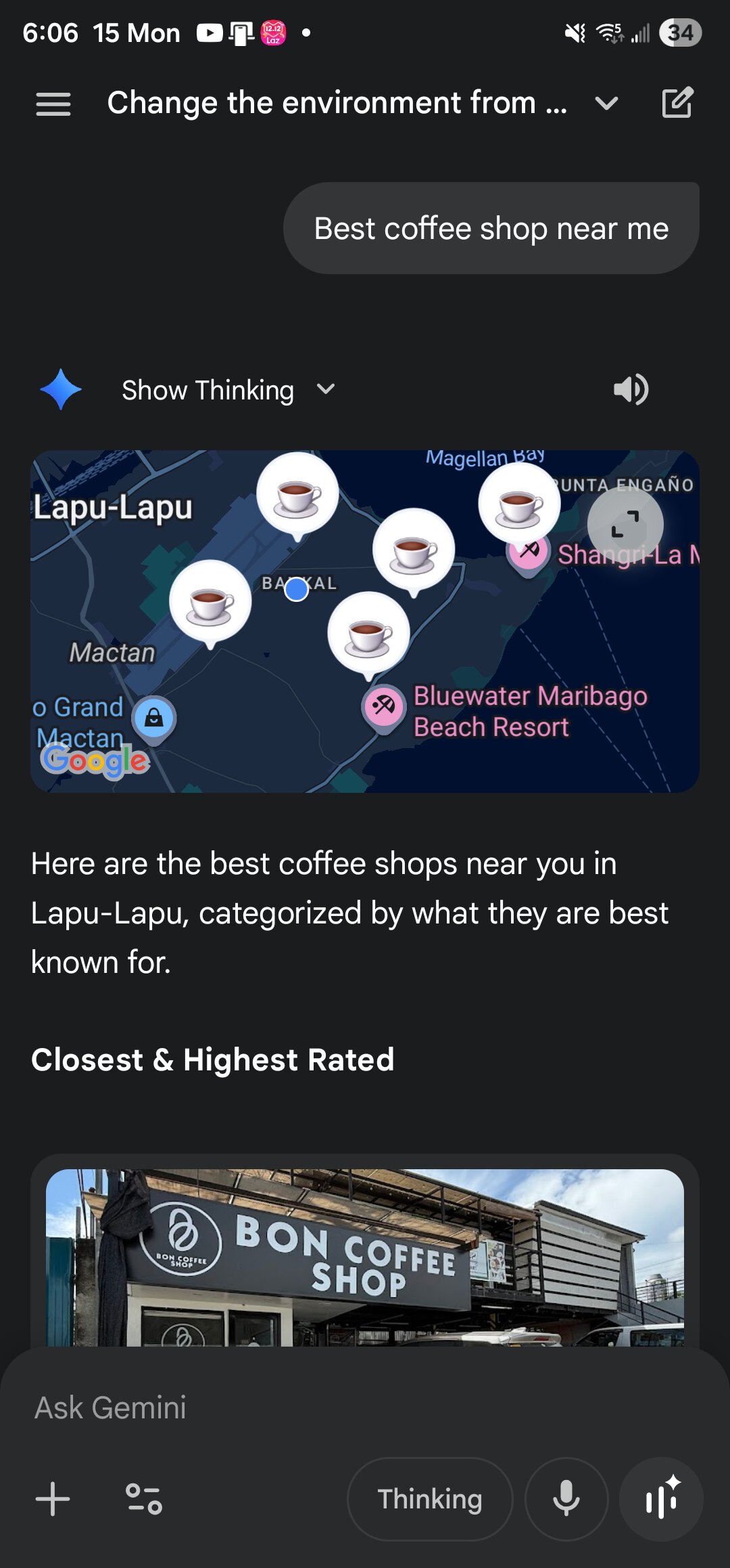 Google Maps inside Gemini showing results for local coffee shop recommendations