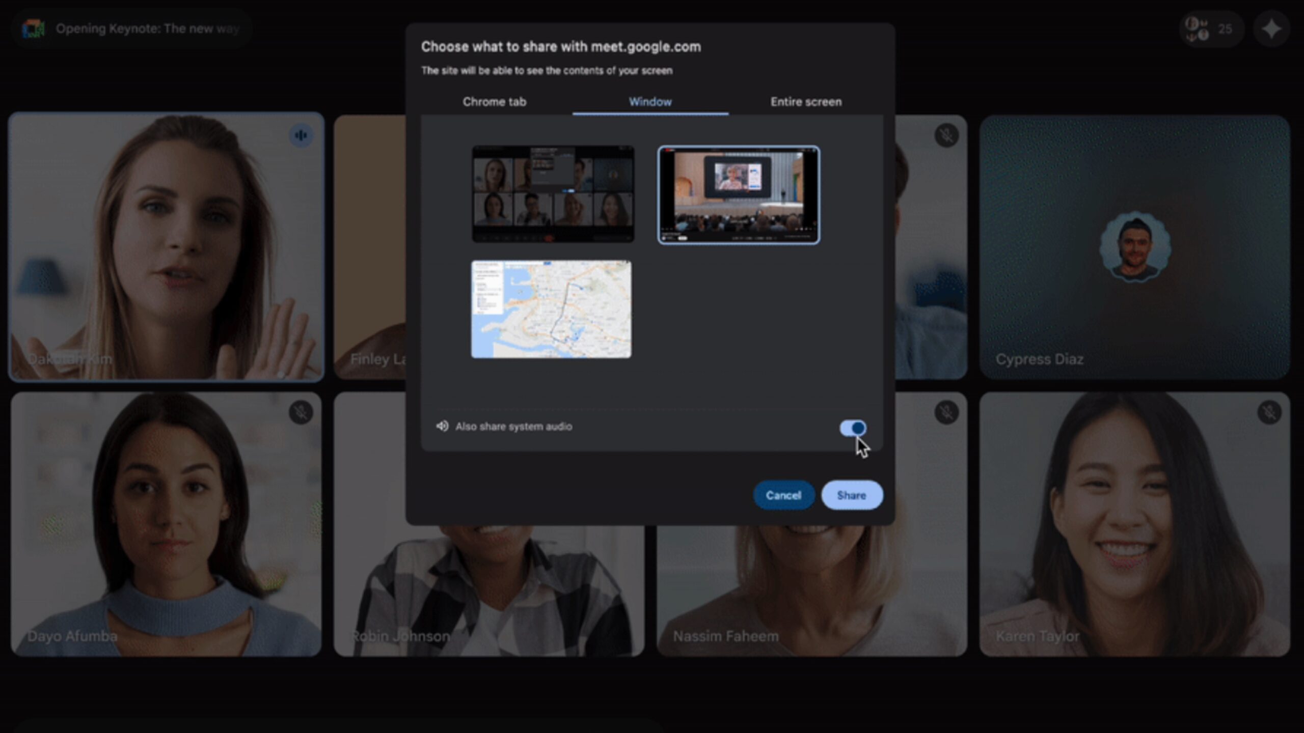 Google Meet Share Audio 1 The Google Meet audio sharing setting.