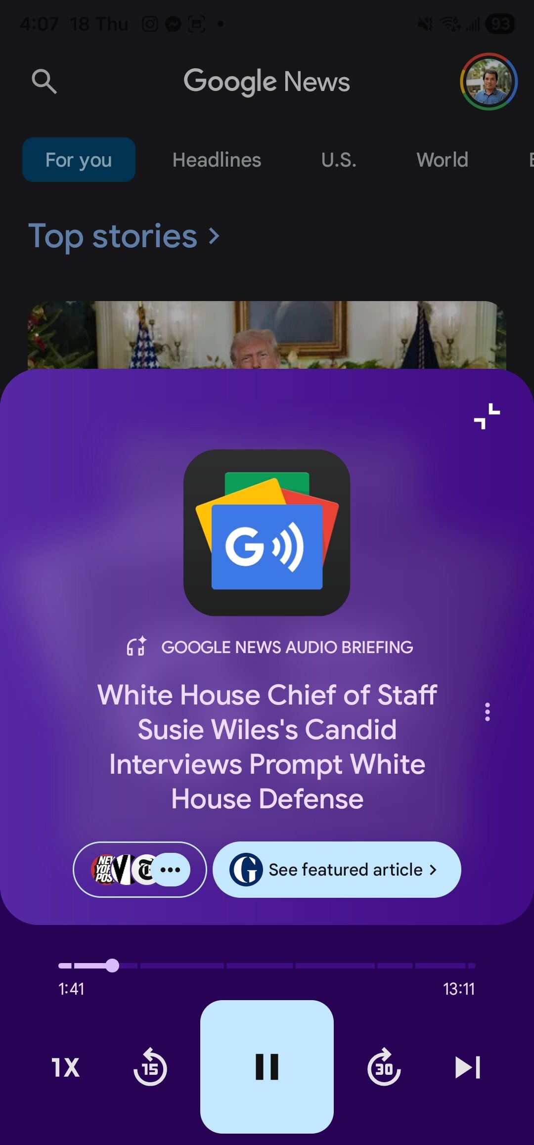 Google News audio briefing media player interface showing the play and pause buttons alongside skip buttons