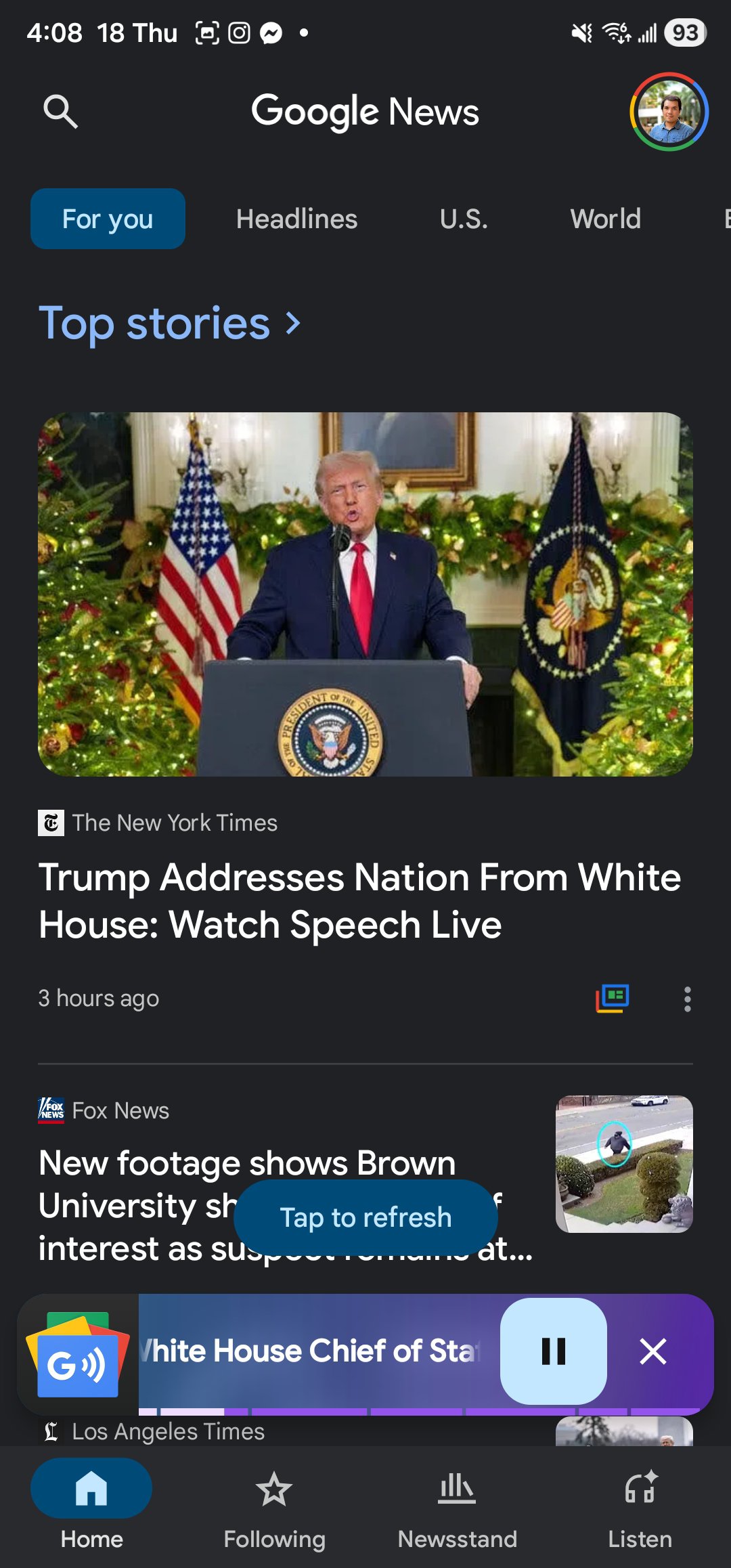 Google News audio briefing media player minimized