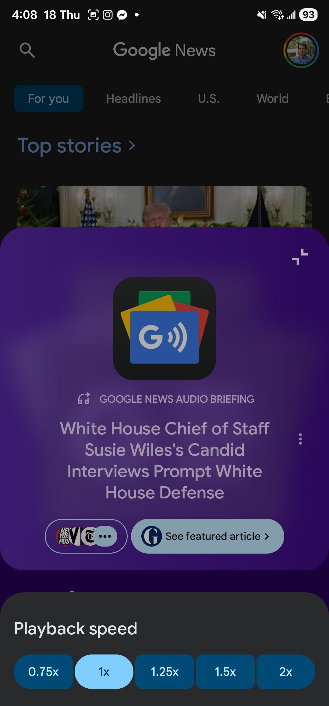 Google News audio briefing playback speed adjustments