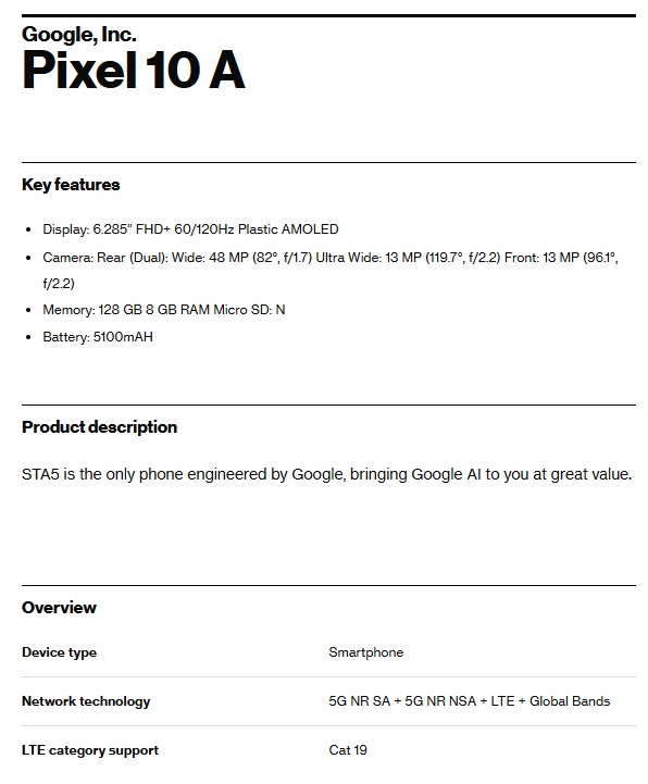 Google Pixel 10a Verizon certification leaked specs Google Pixel 10a Verizon certification leaked specs