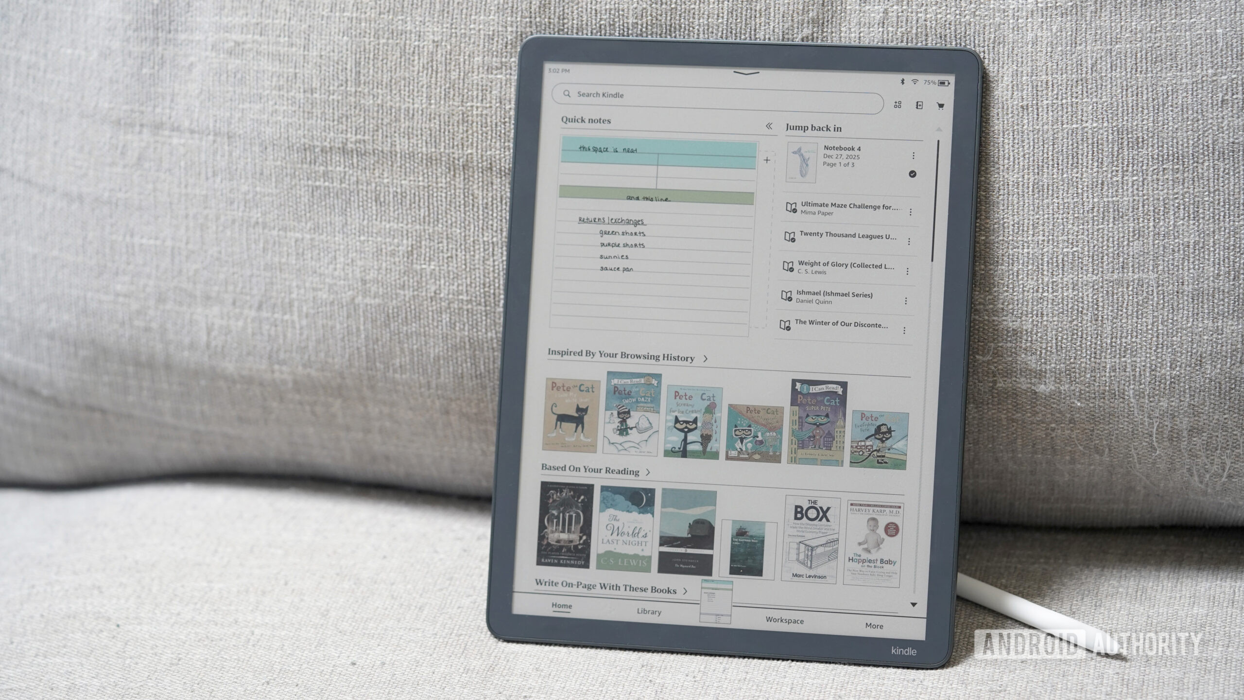 A Kindle Scribe Colorsoft displays the home screen.