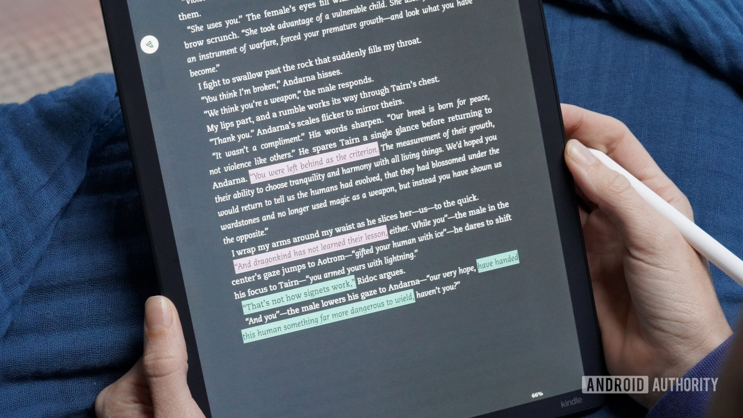 A user highlights in multiple colors on their Kindle Scribe Colorsoft.