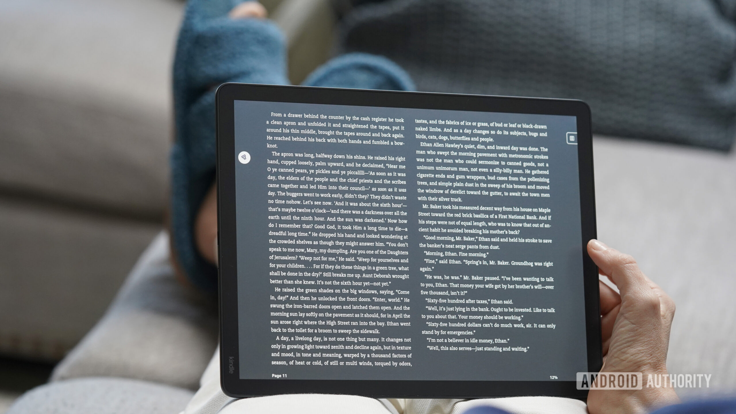 A user reads in layout mode on their Kindle Scribe Colorsoft.