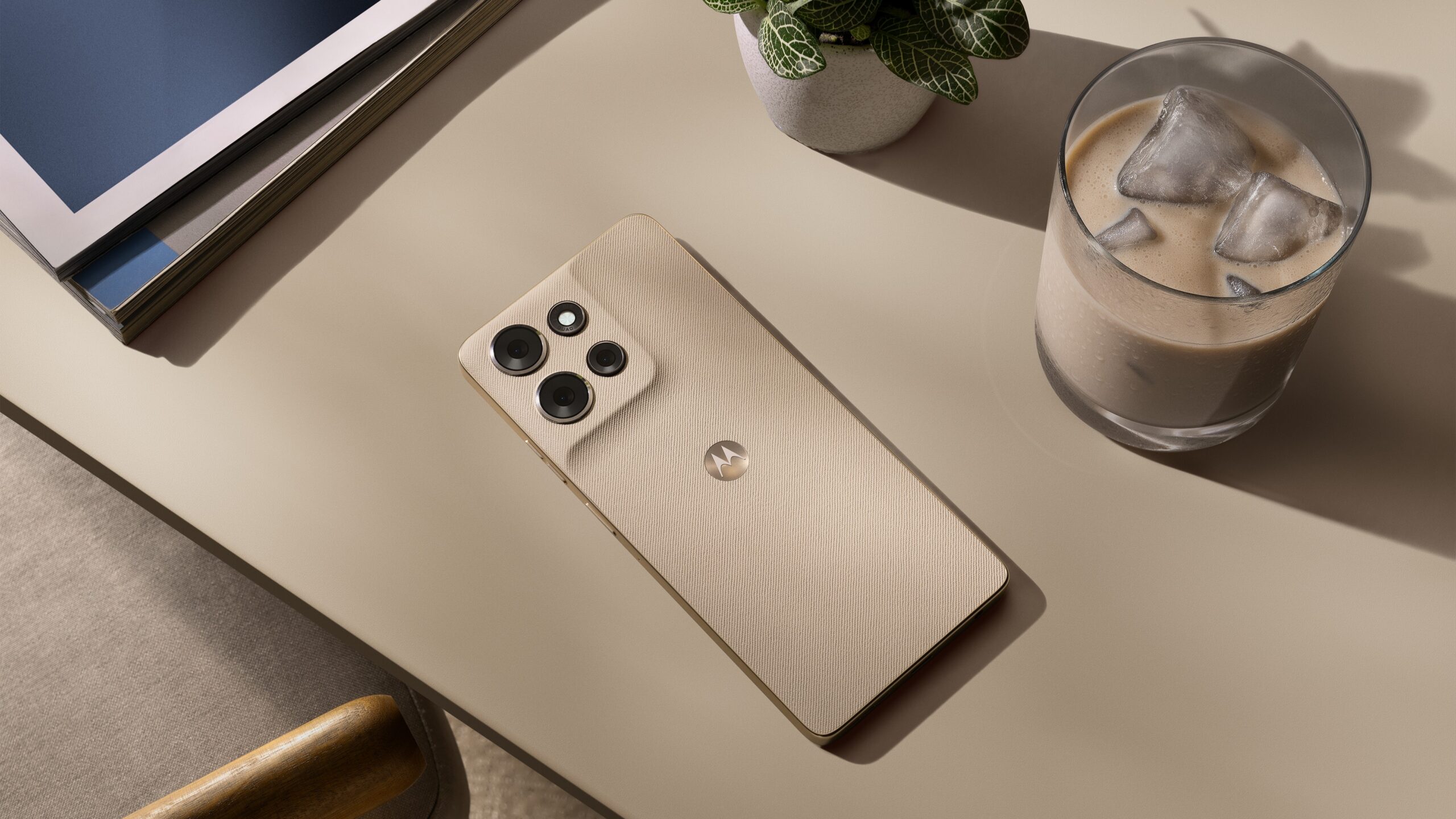 Moto G Power 2026 in Pantone pure cashmere lying face down on a table