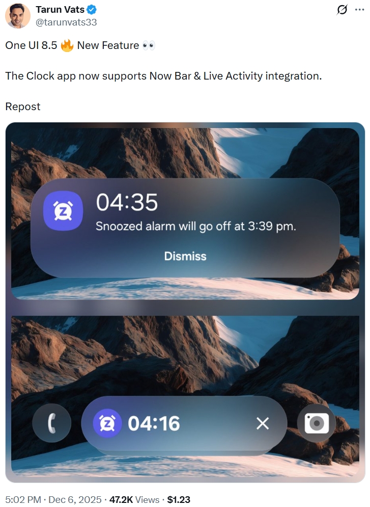 One UI 8.5 Now Bar integration for Clock app