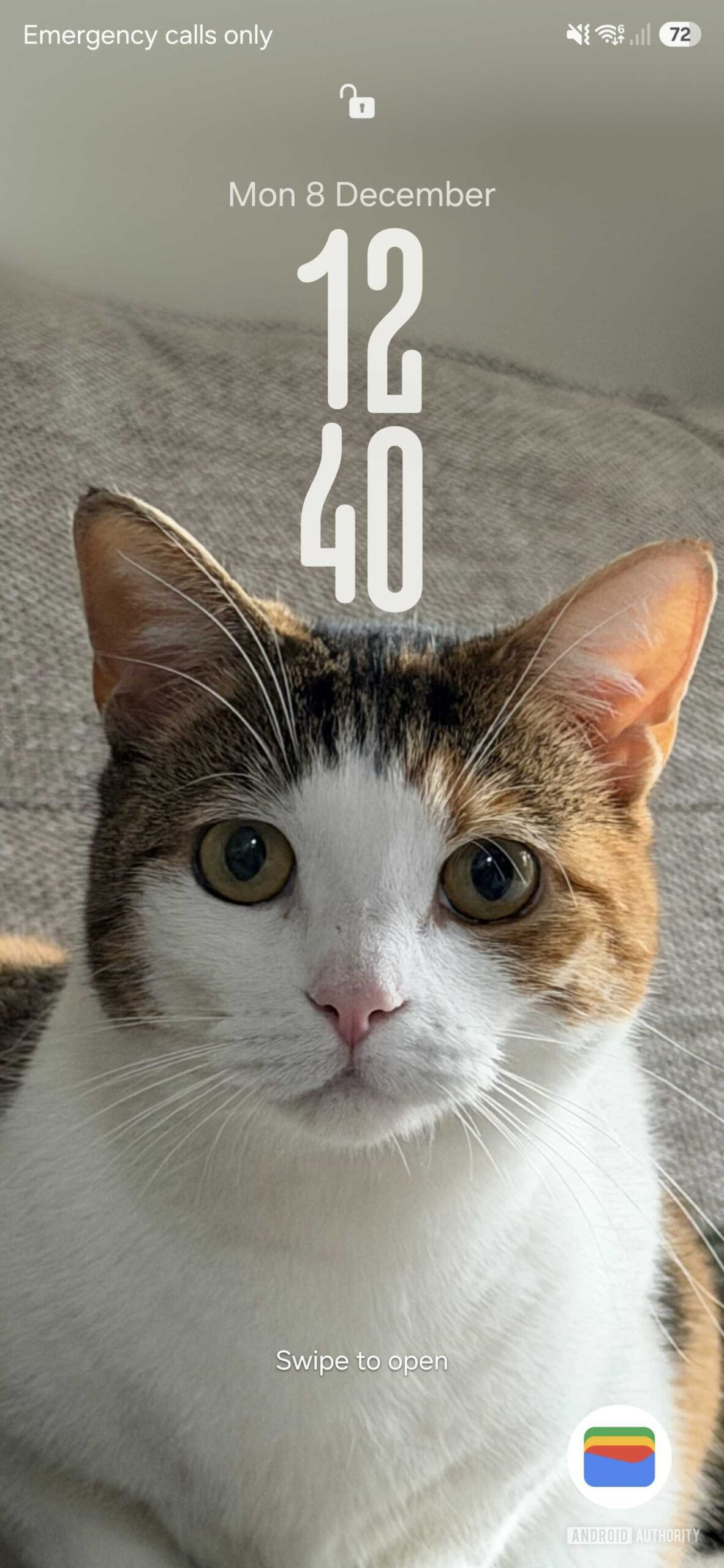 One UI 8.5 lock screen showing the clock adjusting its size and layout to the cat in the wallpaper