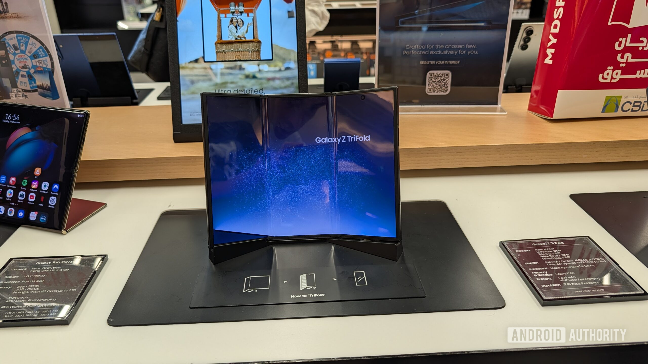 Samsung Galaxy Z TriFold The Samsung Galaxy Z TriFold sitting upright with its screen open.