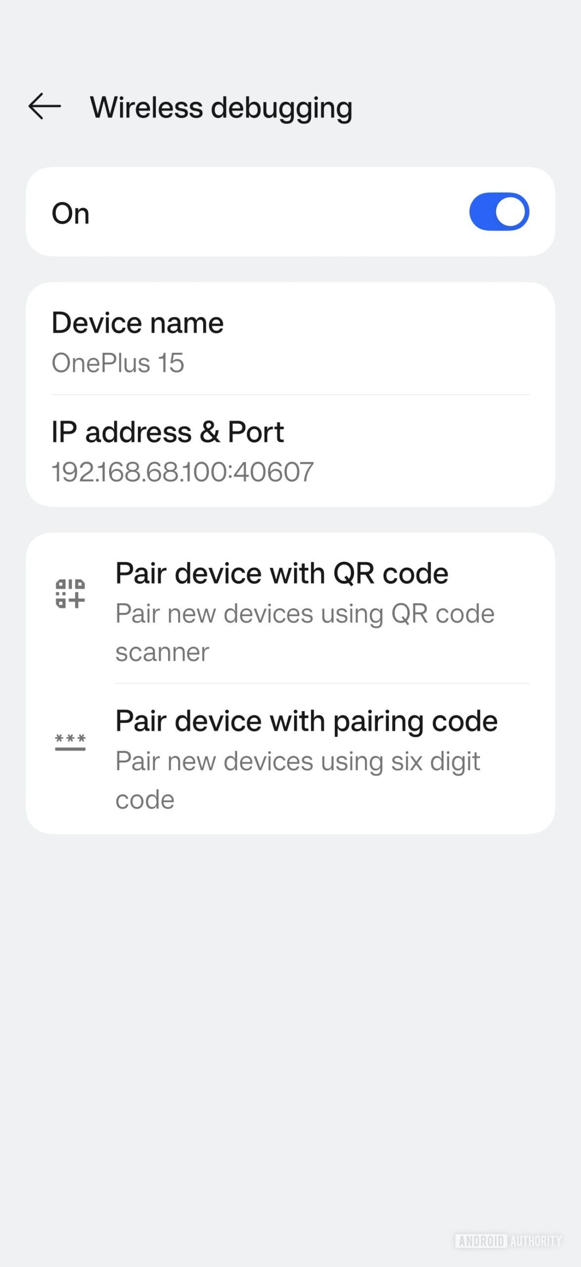 Wireless debugging menu in Android Developer Options