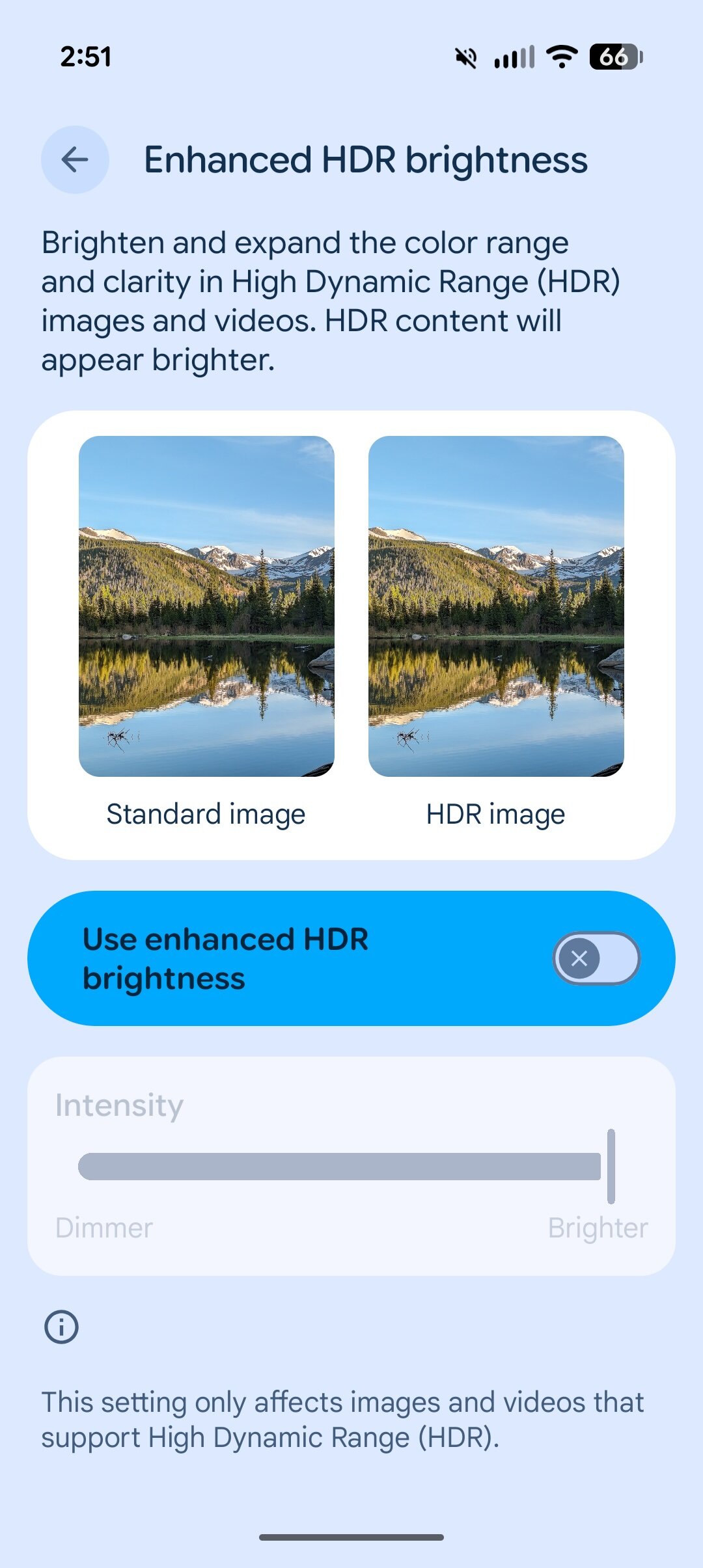 Screenshot of the Enhanced HDR brightness settings in Android 16 QPR2.