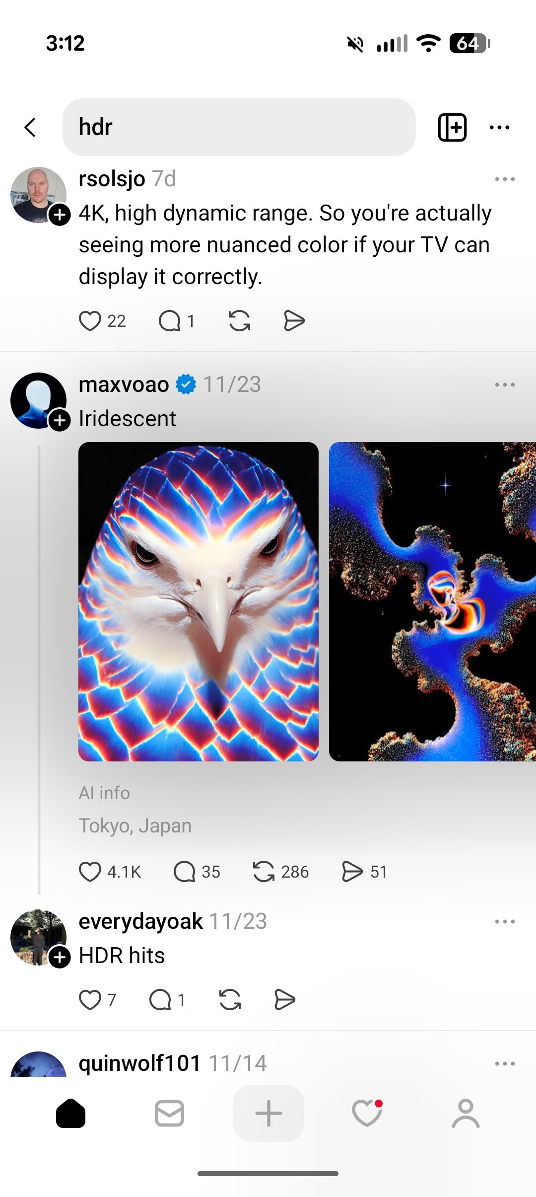 Screenshot of the Threads app with HDR brightness on.