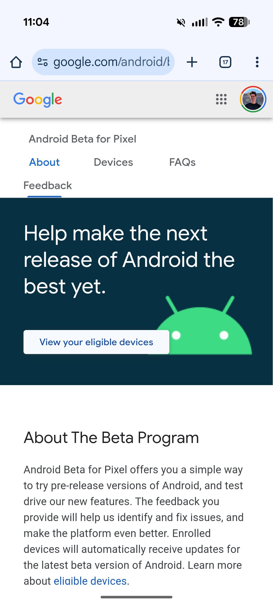 Screenshot of the Android Beta website.